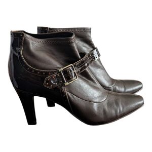 Women’s Dark Brown Leather Ankle Booties with Buckle Detail